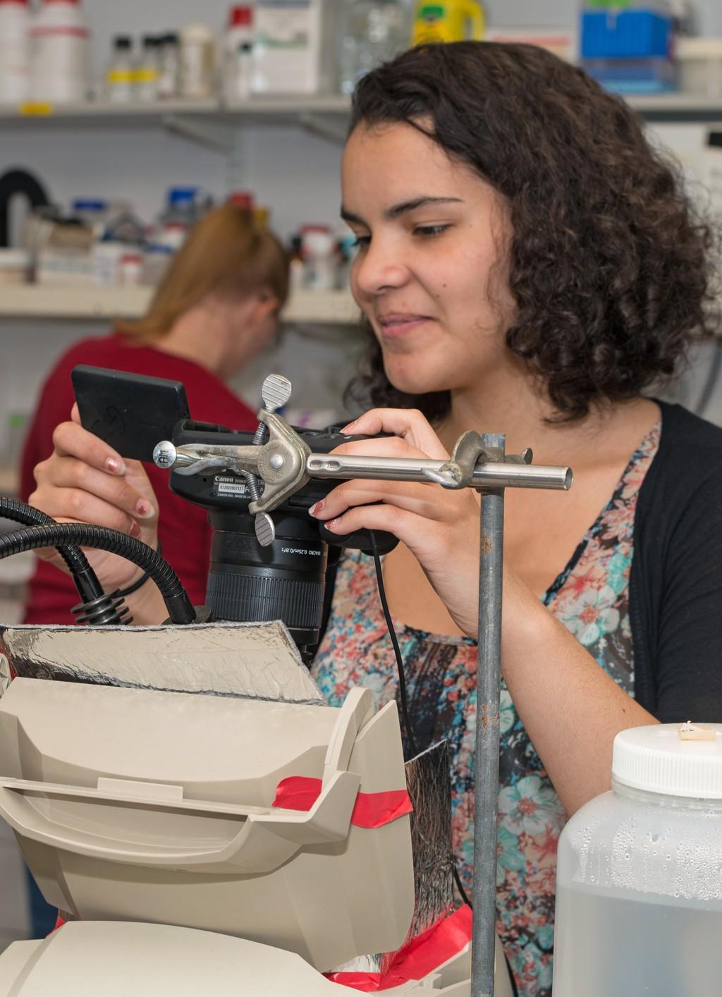 A student using a D S L R camera to take photos of lab equipment